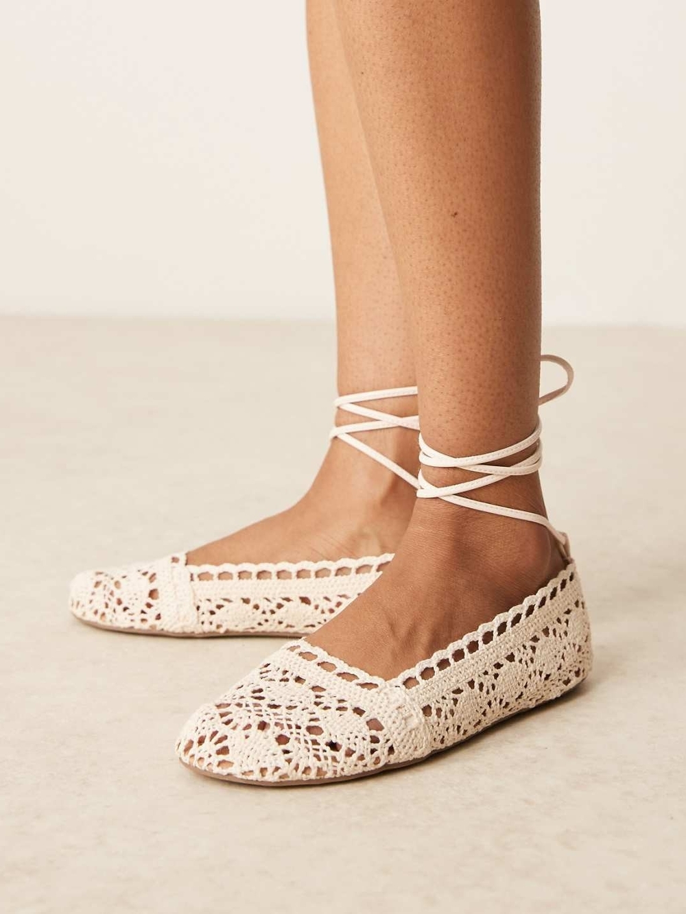 ASOS DESIGN Larissa ankle-tie ballets flats in natural crochet
